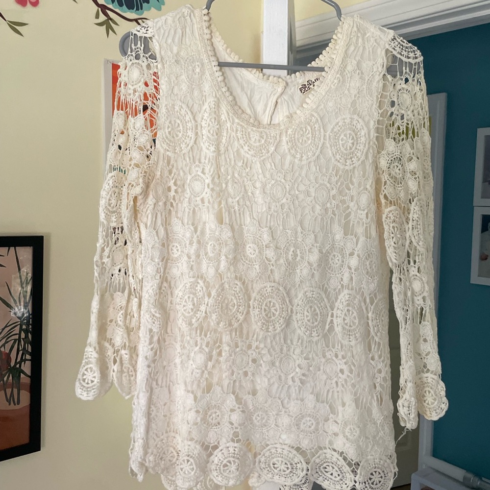 Laffaire Ivory Cream Crochet Lace Button-Back Blouse/Shirt